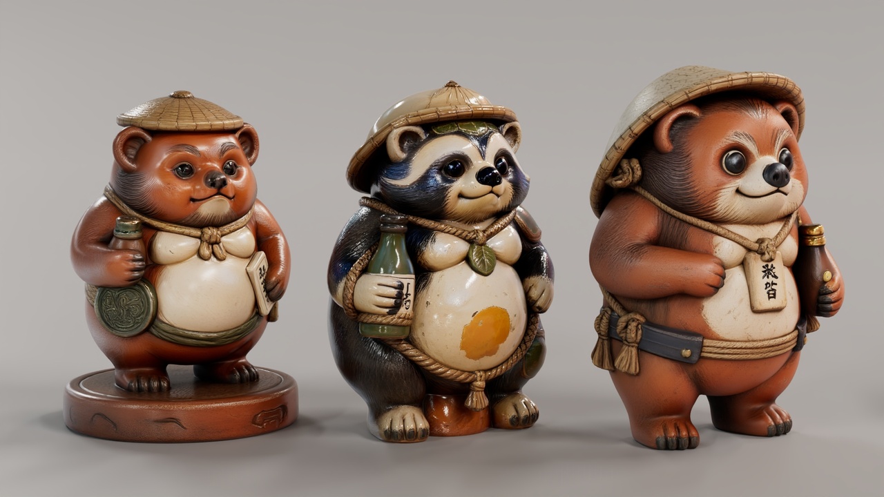 Media 1 for listing Japanese Tanuki Statues Pack 02 - 10 stylized Japanese Tanuki statues