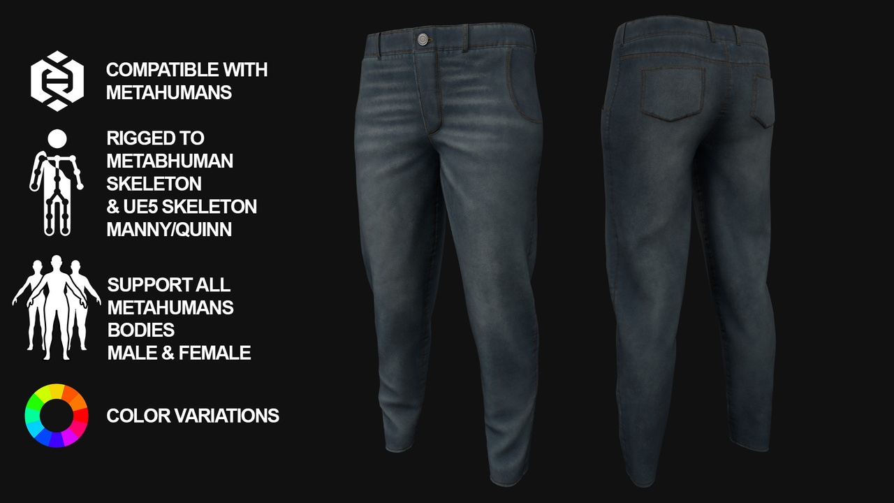 Media 1 for listing 3D Jeans Model For Metahuman 3 - All MH Bodies & UE5 Skeletons - Rigged