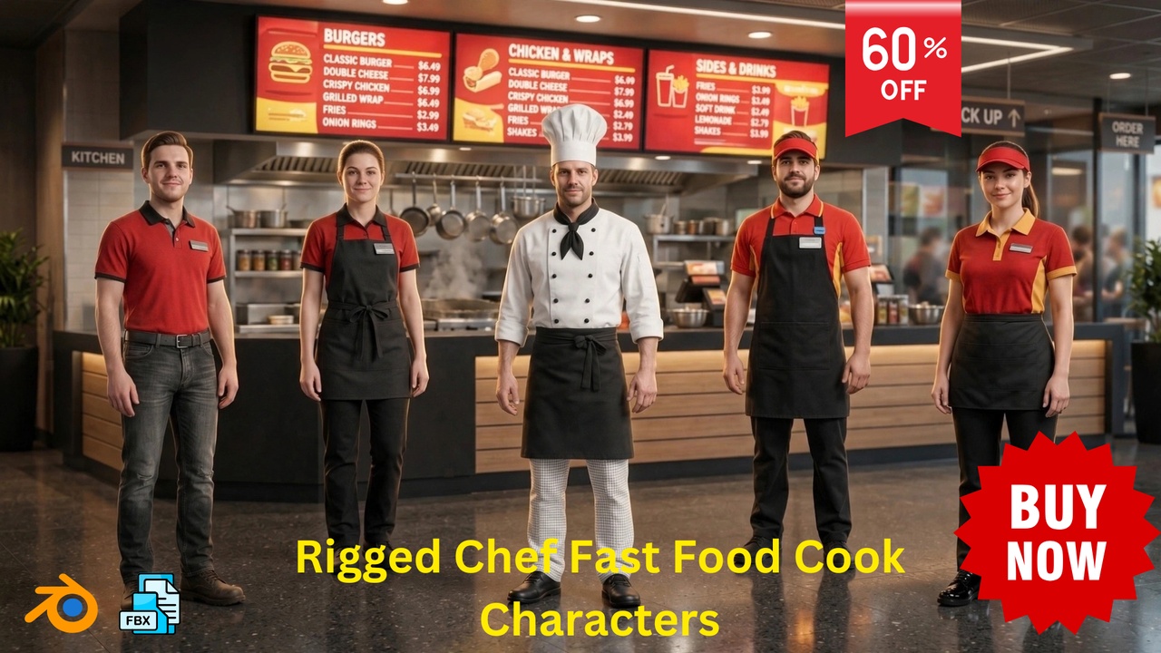 Media 1 for listing NPC Pack 5 Rigged Chef Fast Food Cook Characters Game Ready