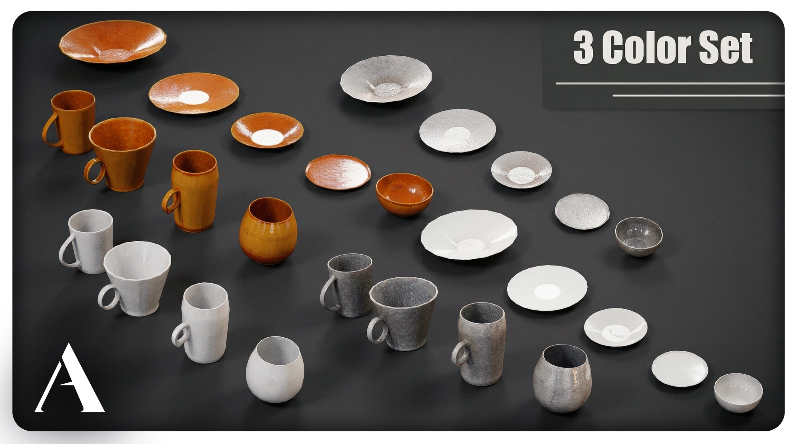 Media 1 for listing Ceramic Tableware Set, Plates & Cups | 5 Plate Types, 4 Cup Types | 3 Color Var