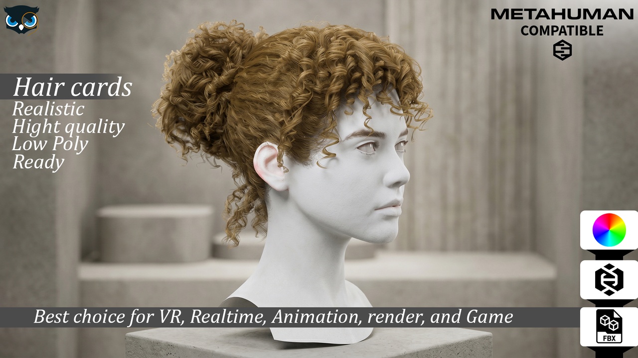 Realistic Curly Hair Cards MetaHuman Compatible Low Poly Game Ready 제품 등록을 위한 미디어 1개