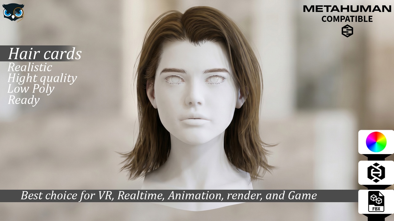 Media 1 for listing Messy Layered Bob Hair Cards for MetaHuman  Compatible Low-Poly Realistic