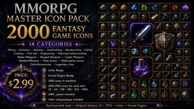 2,000 Hand-Painted Style Game Icons | Professions, Weapons & Armor — Cobalt Game Assets