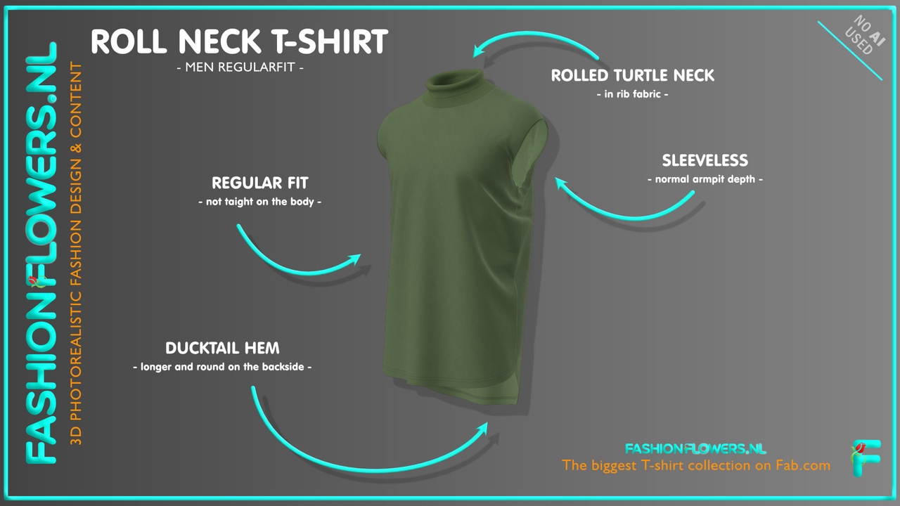 Media 1 for listing Green Colour Ducktail Roll Neck T-shirt Without Sleeves | Turtleneck Tshirt