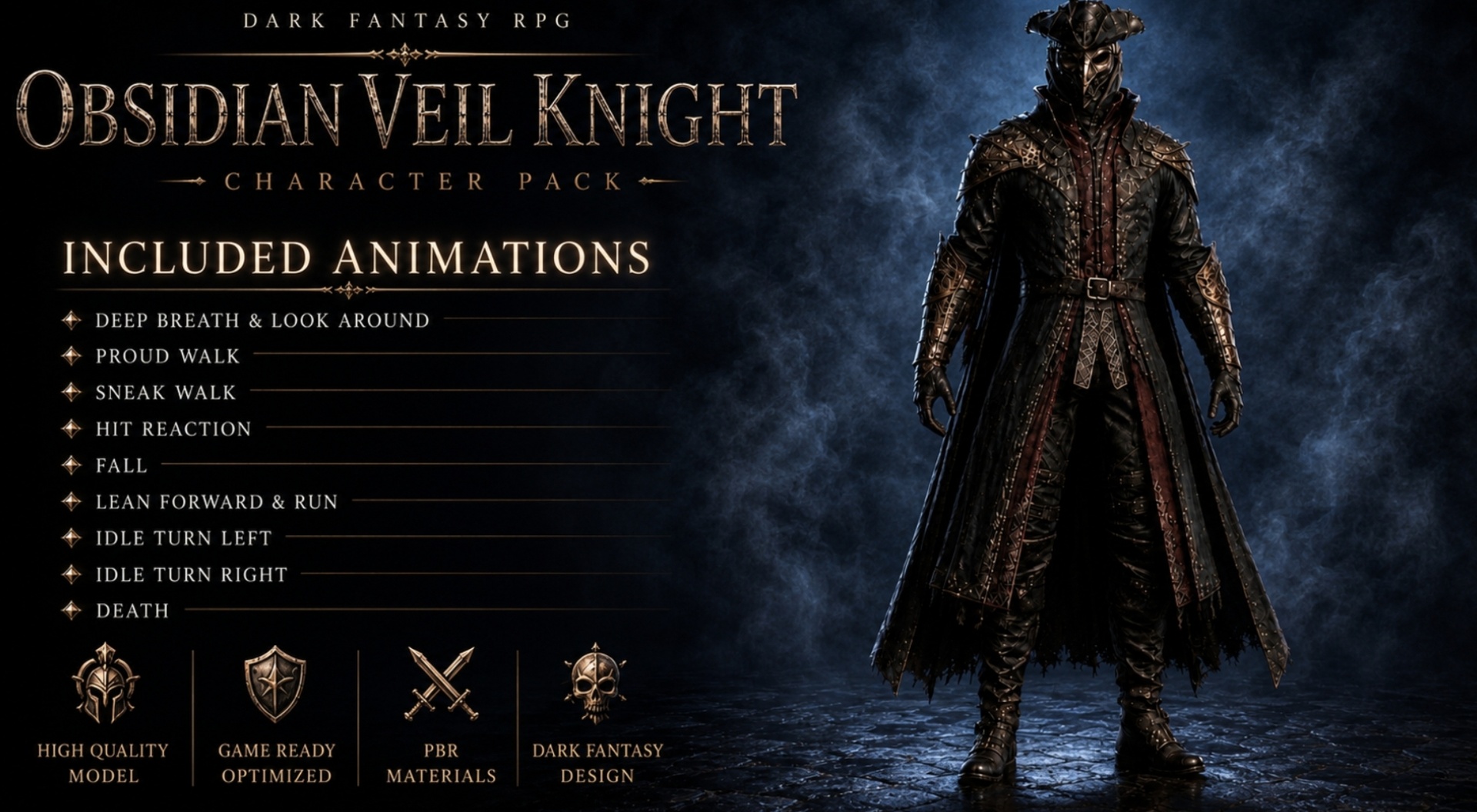 Obsidian Veil Knight - Rigged Animated Dark Fantasy RPG Character Pack ...