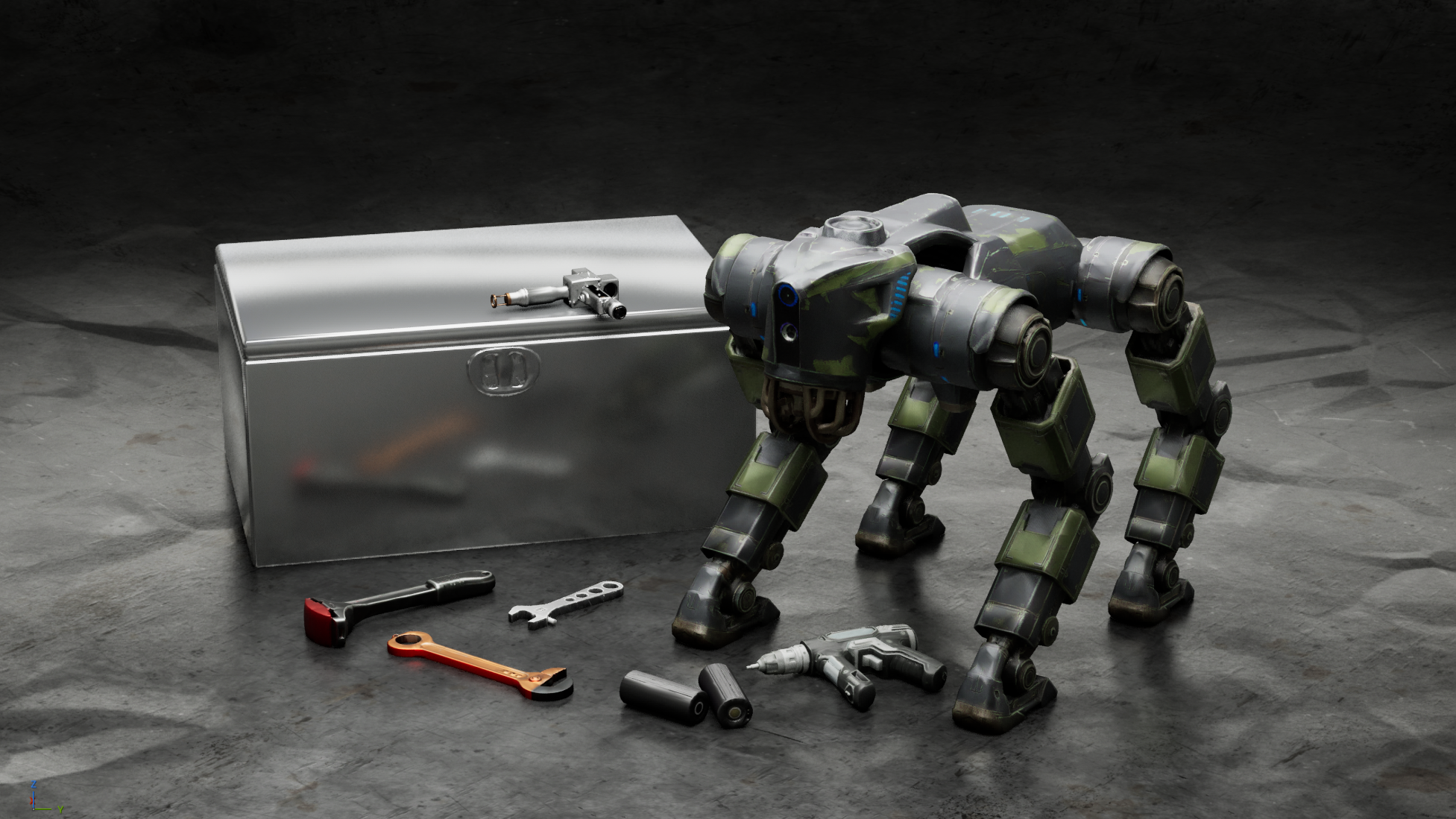 Sci-Fi Camo Quadruped Mech Robot & Maintenance Tools Pack | Fab