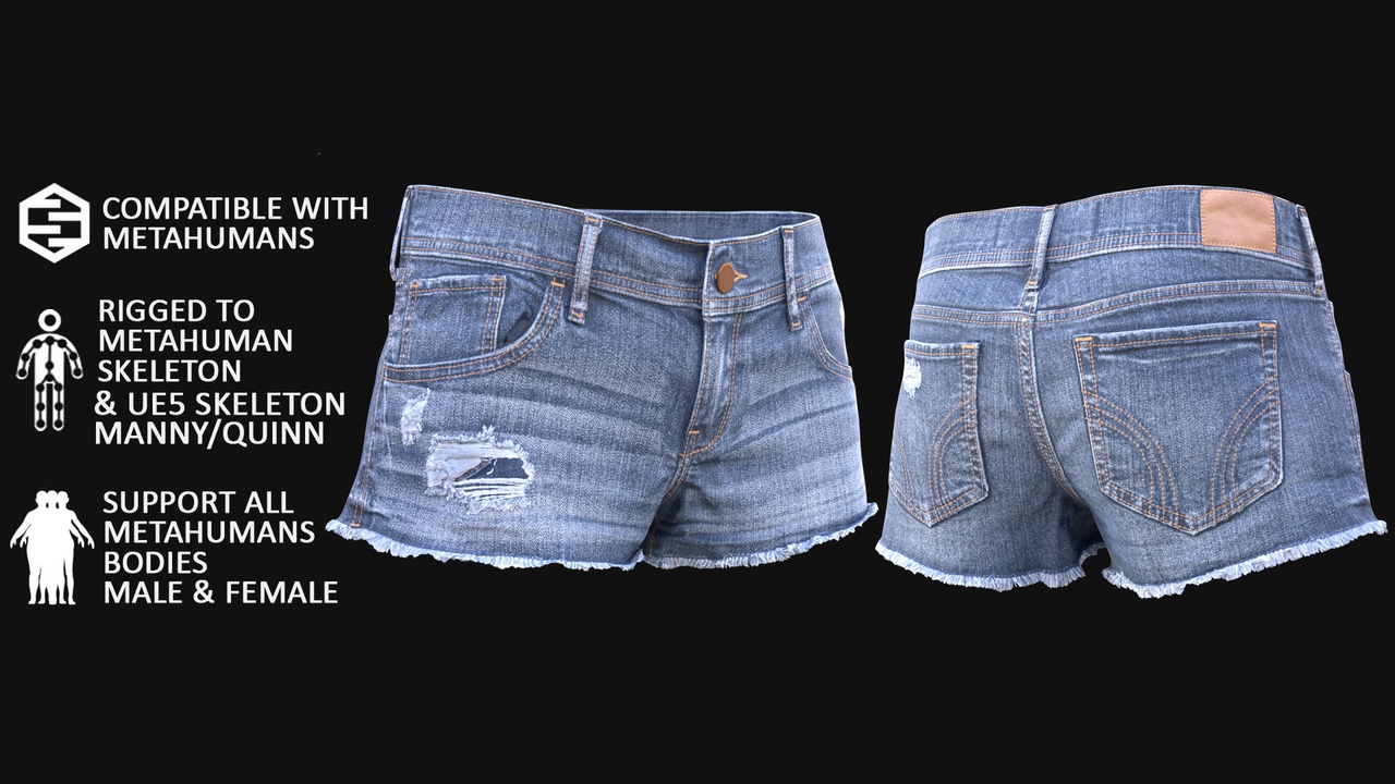 Media 1 for listing Denim Shorts for Metahuman 3D model 94 - MH & UE5 Skeletons - Rigged