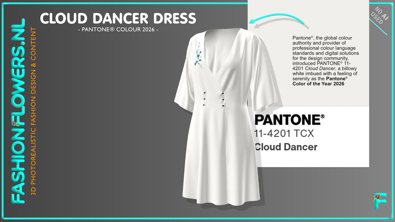 Media 1 for listing Pantone® Cloud Dancer Wrap Dress With Mint Green Buttons And Beaded Embroidery