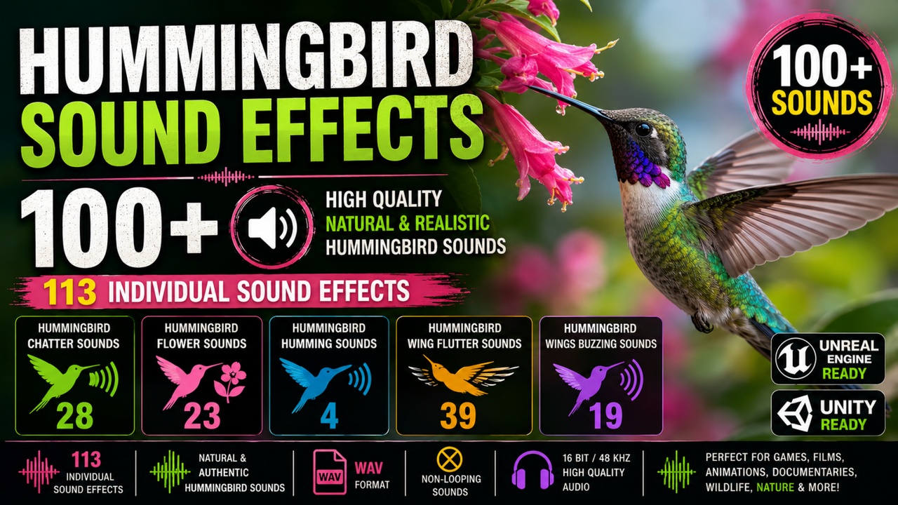 Media 1 for listing Hummingbird 100+ Sound Effects – Chatter, Humming, Wing Flutters & Buzzing