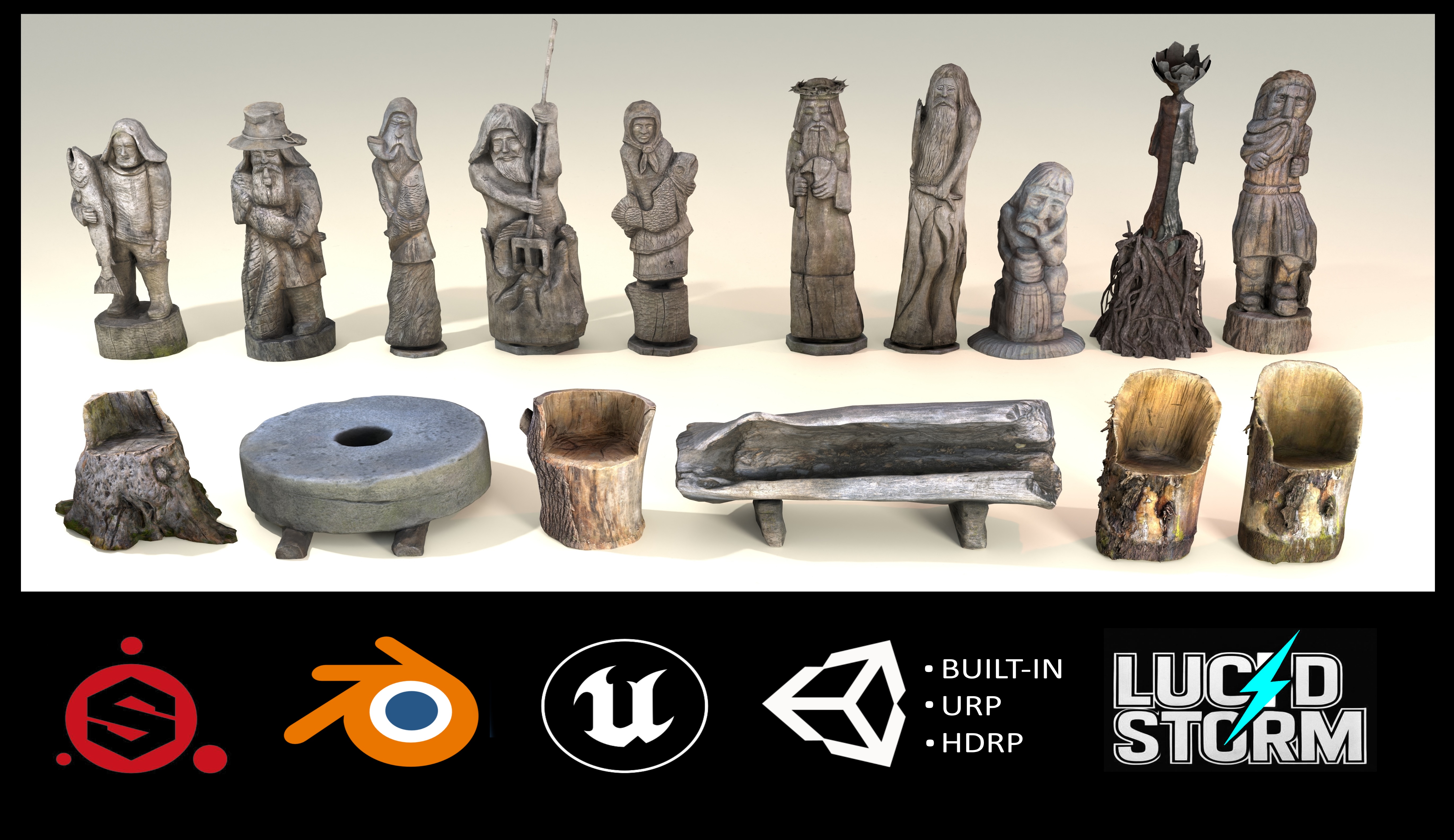 Wooden props volume one: palisade, bench, chair, carvings, statues | Fab