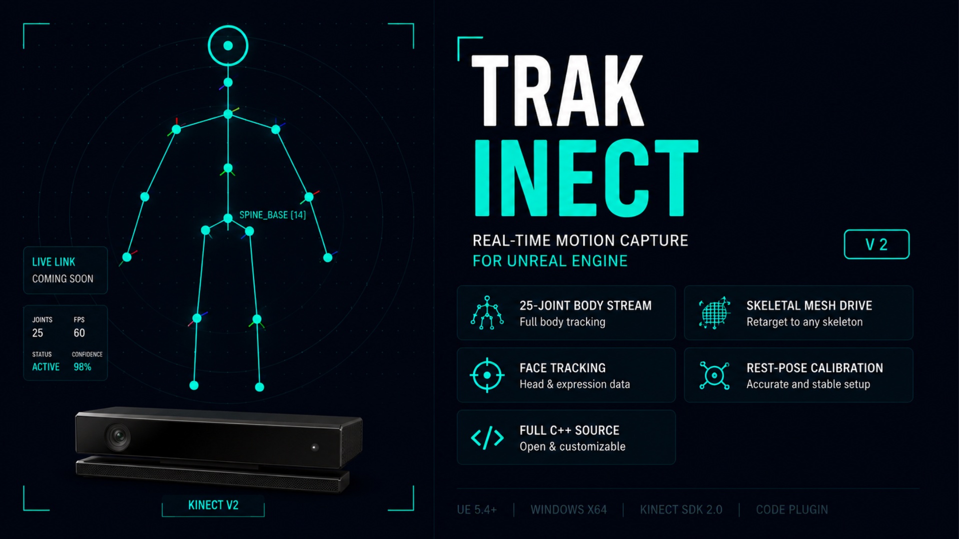 Media 1 for listing TrakInect V2 — Real-Time Kinect Motion Capture for Unreal Engine 5