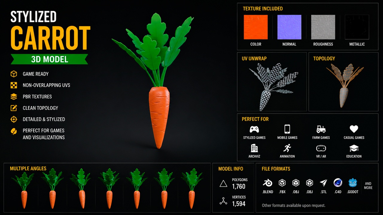 Media 1 for listing Stylized Carrot 3D Model – Game Ready Low Poly Vegetable