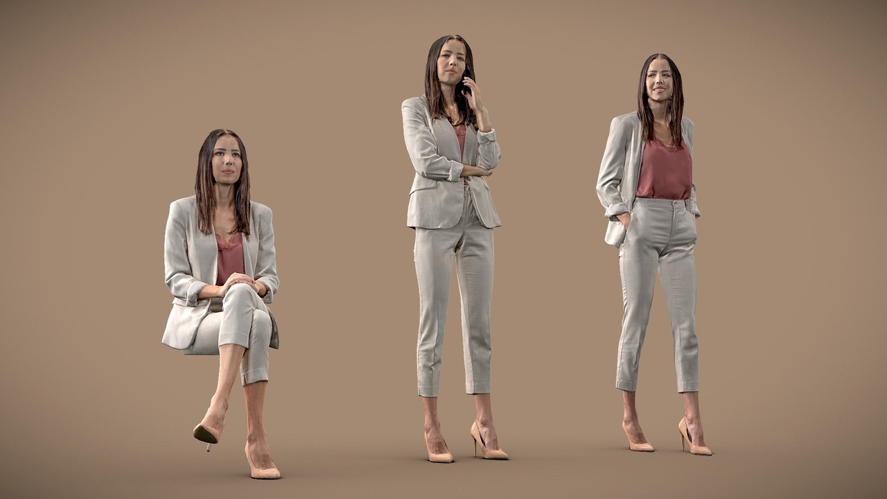 Media 1 for listing Collection of business woman sit, walk and talk on the celphone - 3D scan
