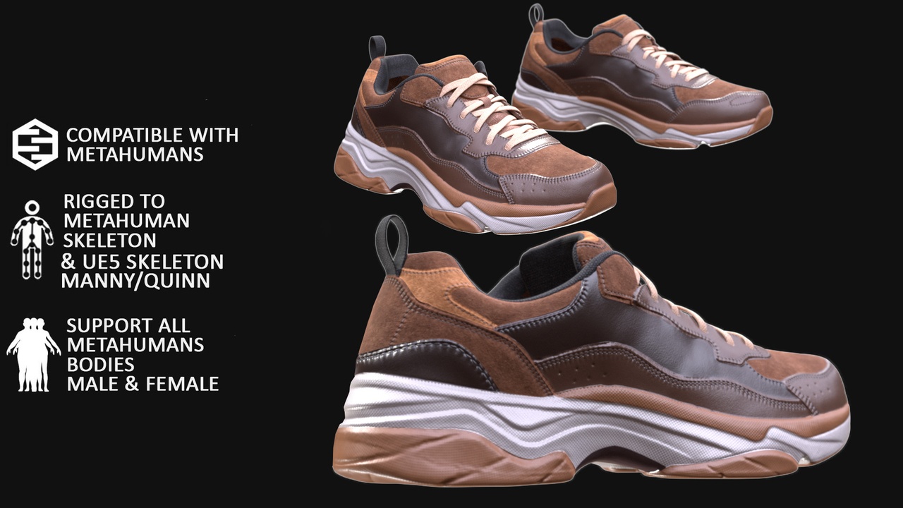 Media 1 for listing Sneakers for Metahuman 3D model 9 - MH & UE5 Skeletons - Rigged