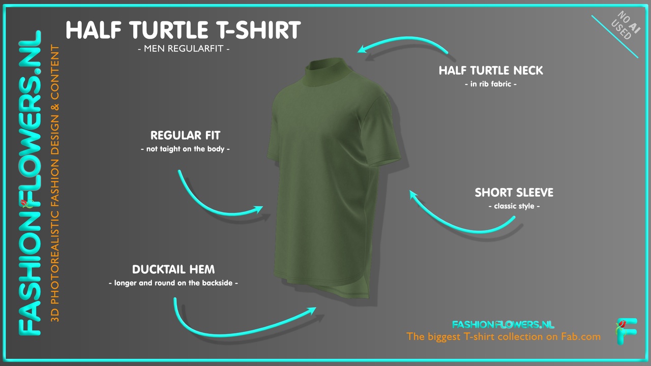 Media 1 for listing Green Colour Ducktail Half Turtleneck T-shirt | Short Sleeves | Longer Backside