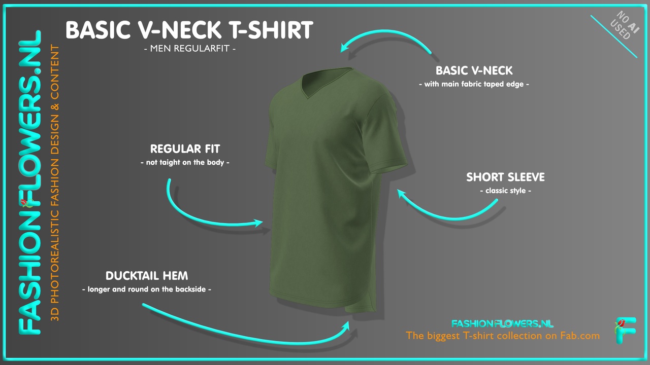 Media 1 for listing Green Colour Ducktail V-neck T-shirt | Longer Backside T | Short Sleeves