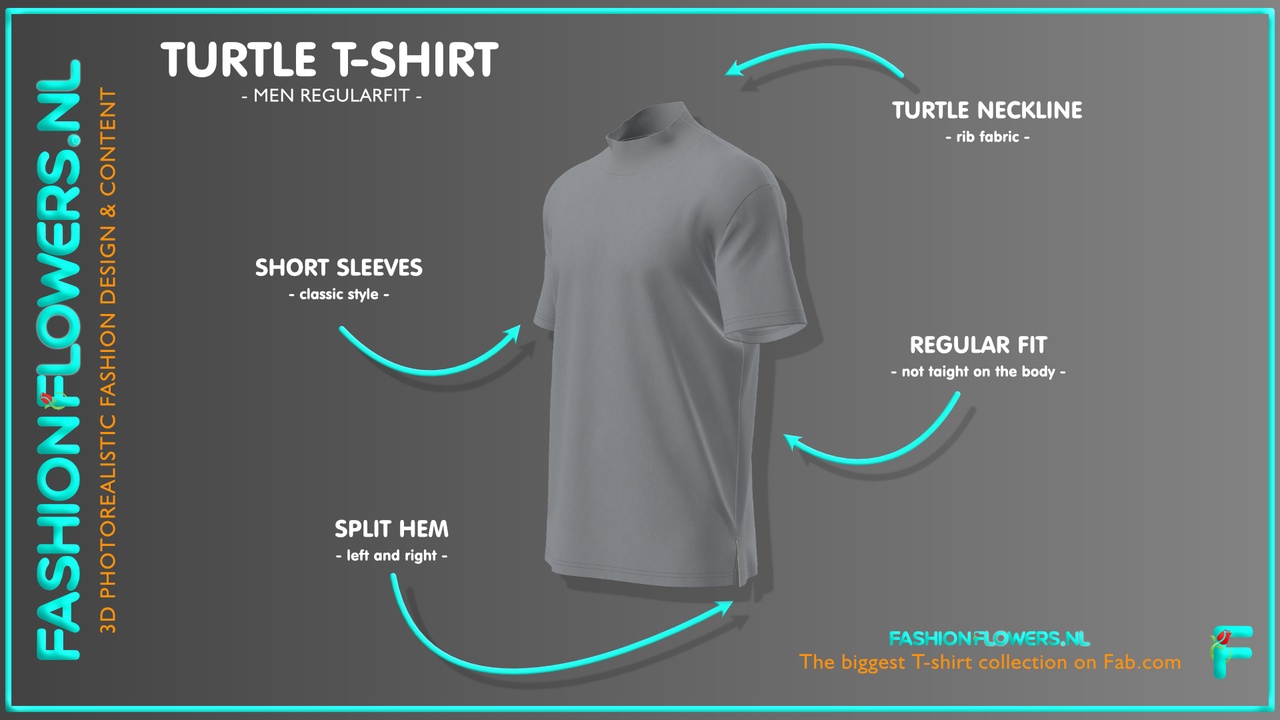 Media 1 for listing Grey Colour Half Turtleneck T-shirt | Short Sleeves | Side Seam Splits Tshirt