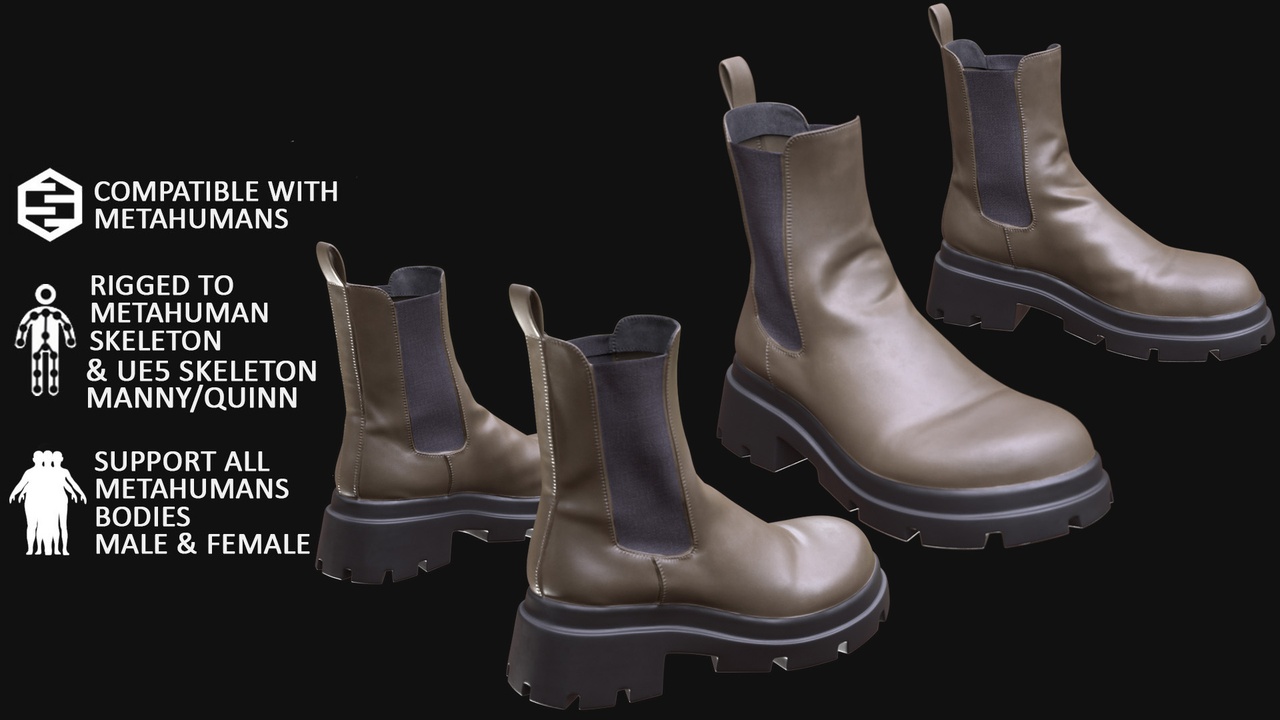 Media 1 for listing 3D Boots Model For Metahuman 59 - All MH Bodies & UE5 Skeletons - Rigged