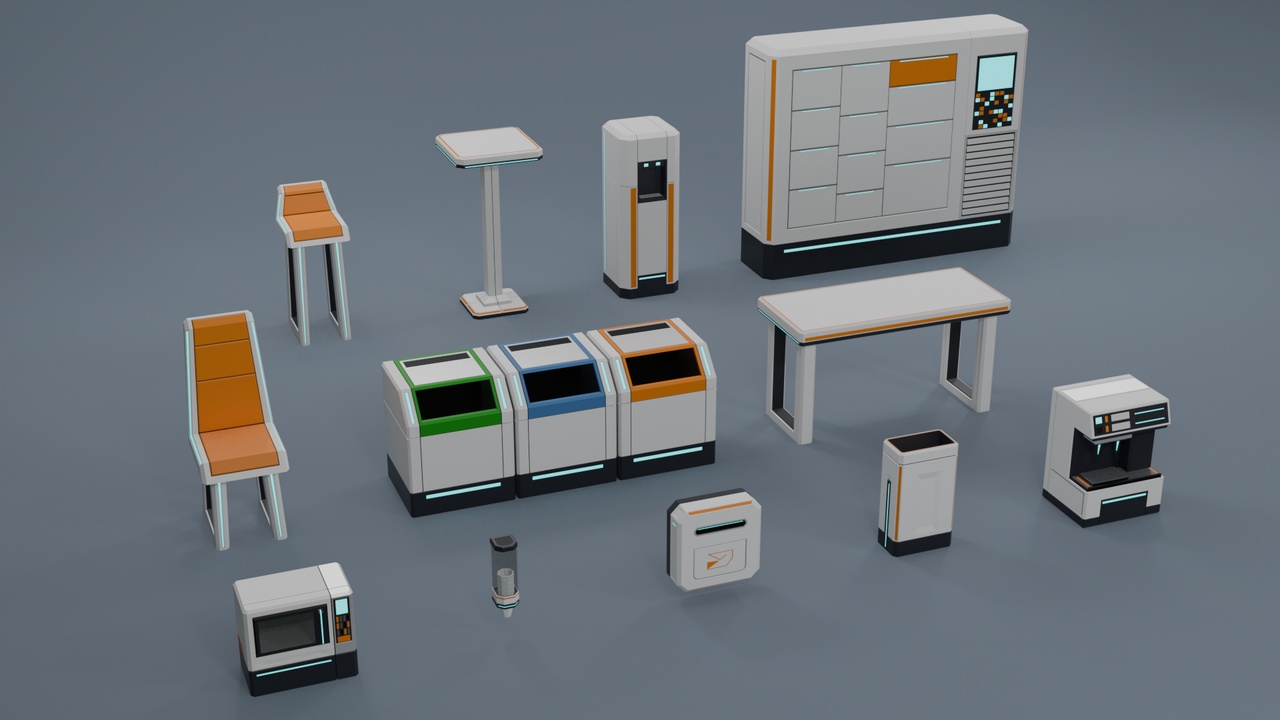 Media 1 for listing Low Poly Sci-Fi Facility Breakroom Props Pack F-002