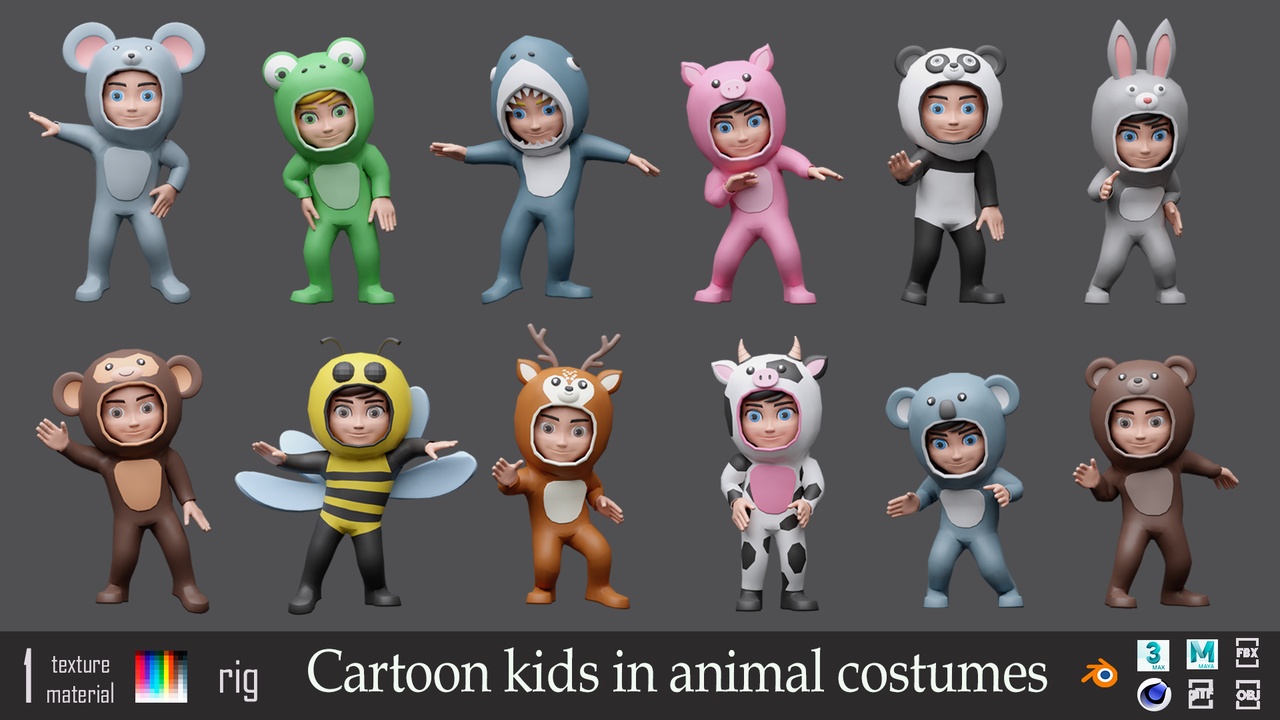 Cartoon characters kids in animal costumes- Low-poly asset pack 제품 등록을 위한 미디어 1개