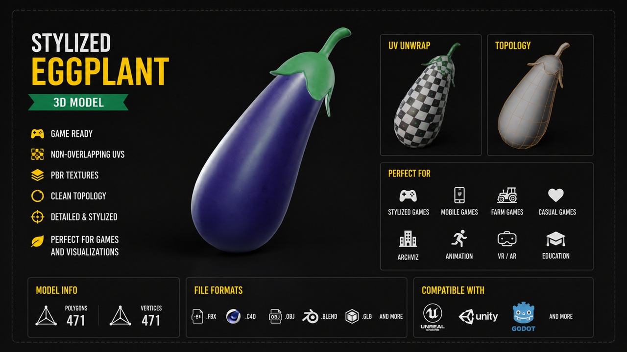 Media 1 for listing Stylized Eggplant - Game Ready Vegetable Asset