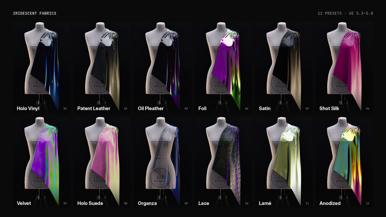 Media 1 for listing Iridescent Fabrics 12 Holographic Material Presets for Digital Fashion
