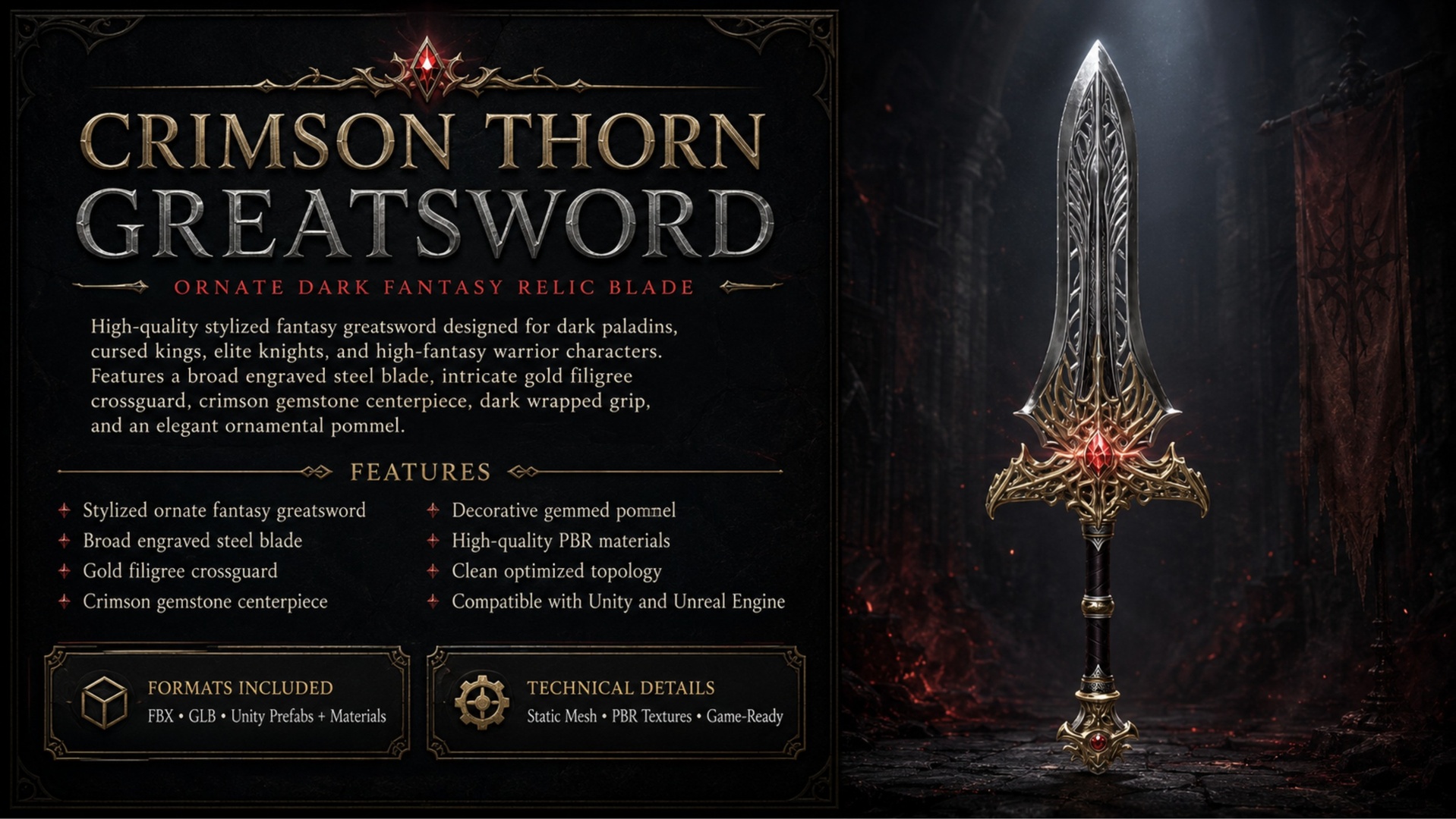 Media 1 for listing Crimson Thorn Greatsword – Ornate Dark Fantasy Relic Blade