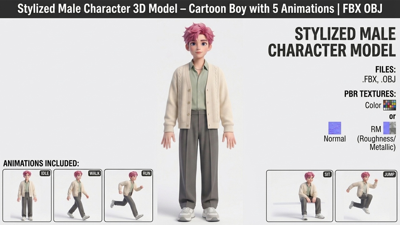 Media 1 for listing Stylized Cartoon Boy Character 3D Model Rigged Animated FBX OBJ Low-poly 3D mode