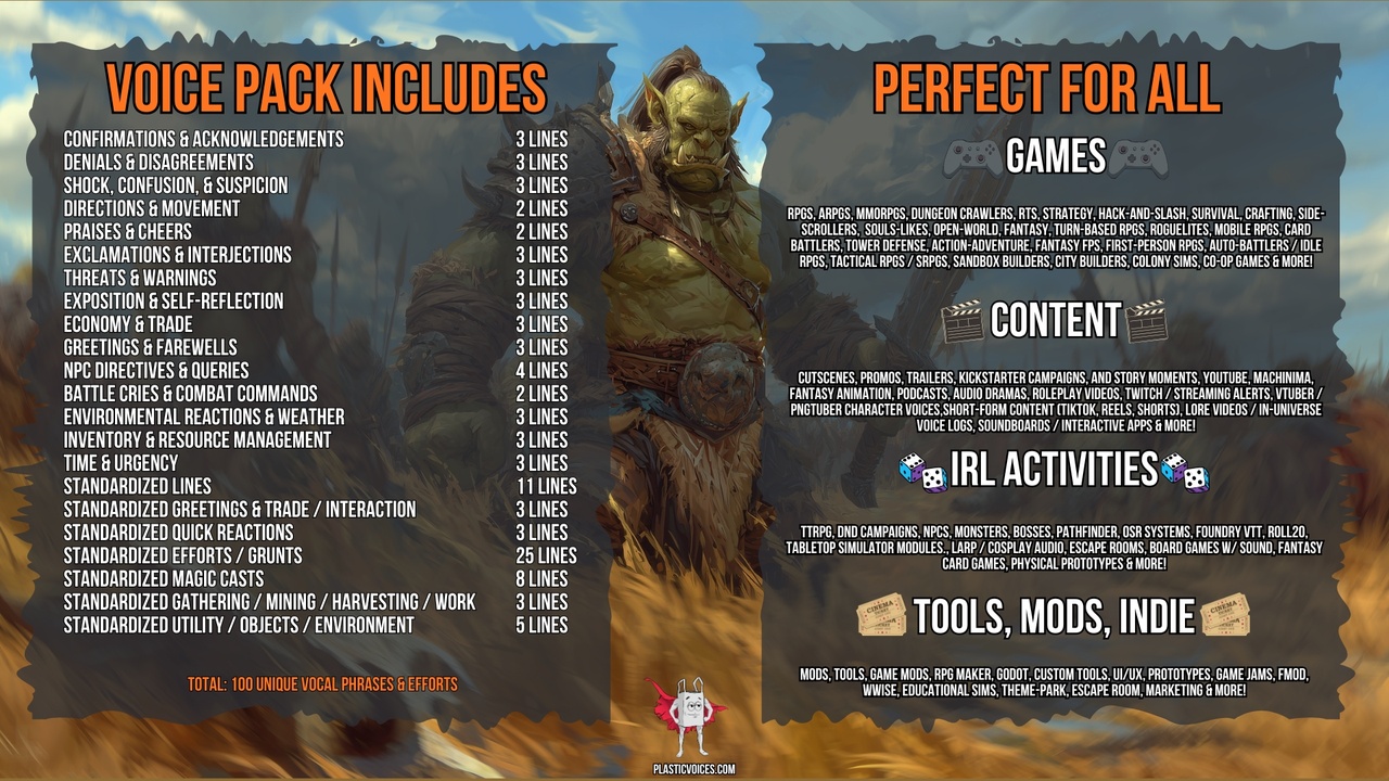 Media 1 for listing ORC VOICE PACK ᴸᴵᵀᴱ | 100 Phrases & Efforts | PRIME SERIES 1/7