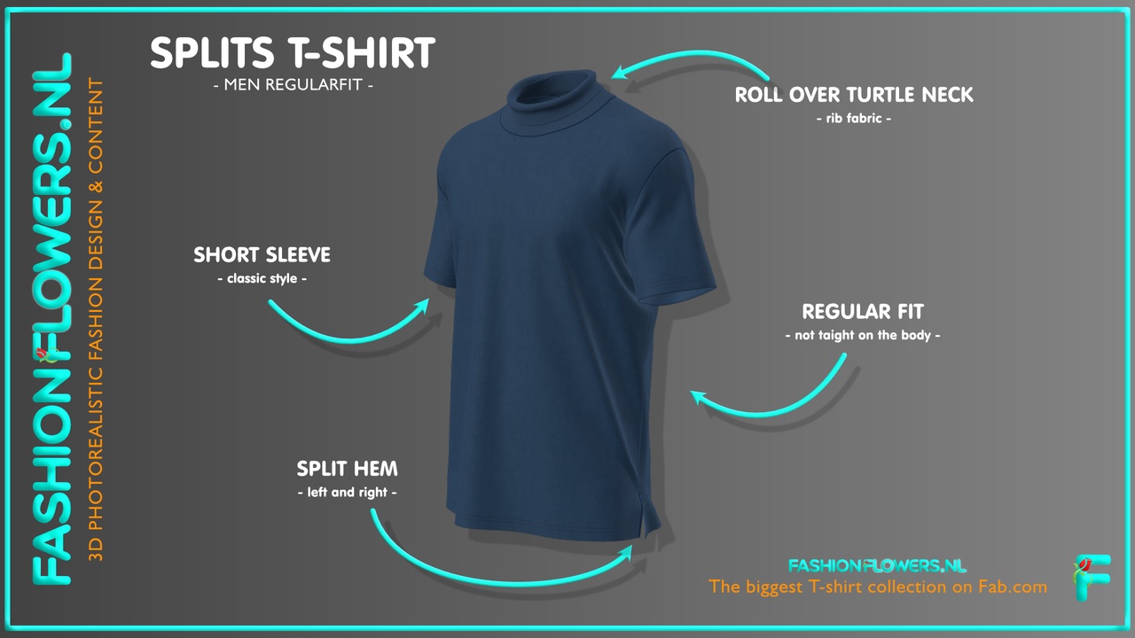 Media 1 for listing Blue Colour Roll Neck T-shirt | Short Sleeves | Side Seam Splits | Turtle Neck