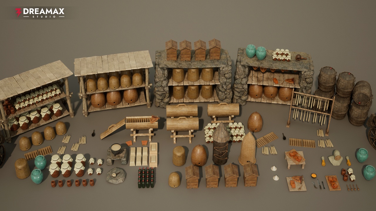 Media 1 for listing Medieval Beekeeping Props - Apiary, Skep Hives, Honey & Mead Production Vol. 1