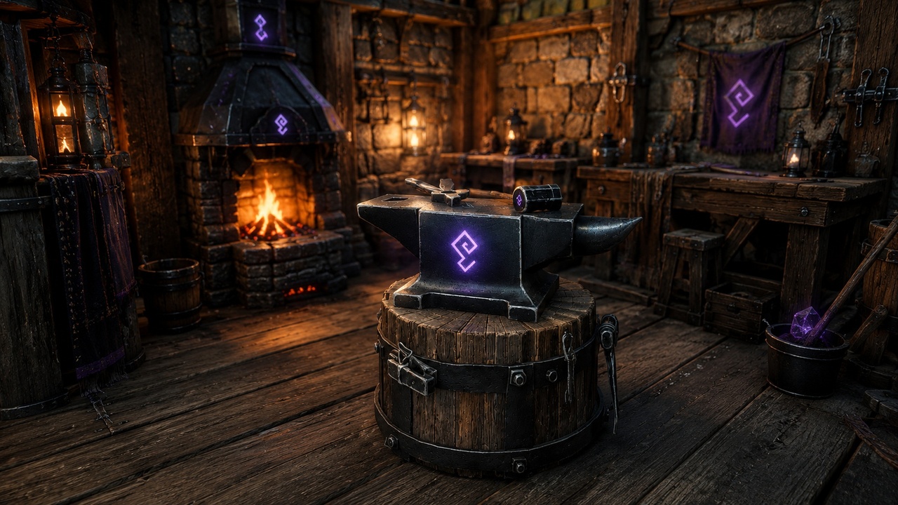 Media 1 for listing Runic Anvil Station – Stylized Fantasy Blacksmith Prop