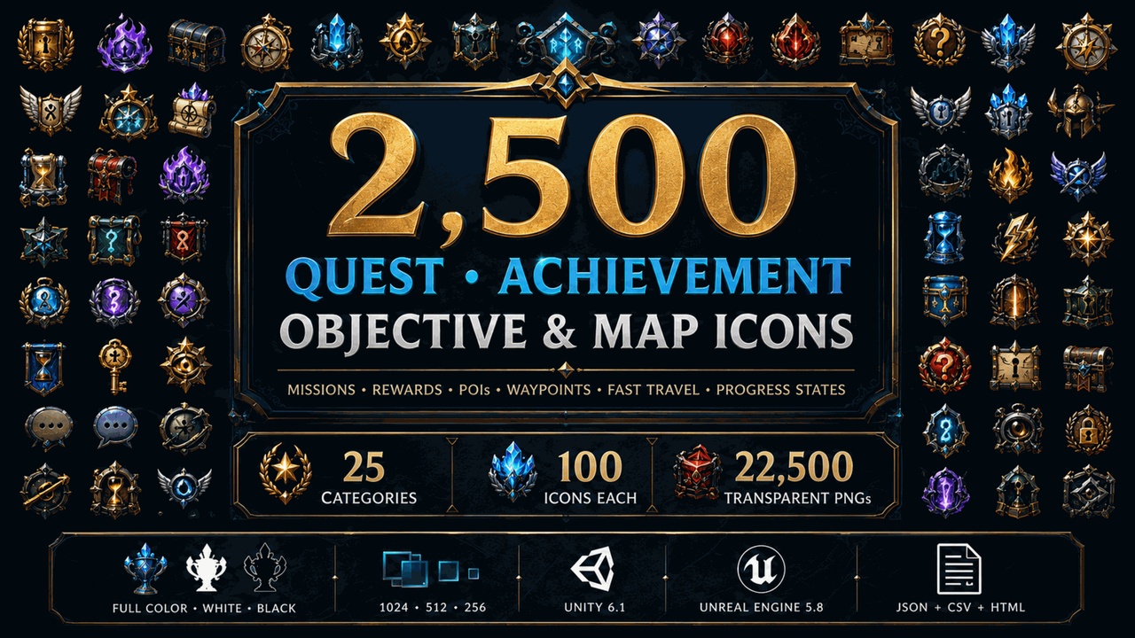 Media 1 for listing 2,500 Quest, Achievement, Mission, Objective & Map Icons | Game UI Mega Pack