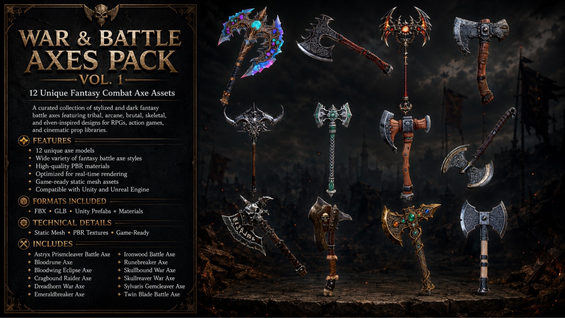 Media 1 for listing War & Battle Axes Pack Vol. 1 – 12 Game-Ready Fantasy Axe Weapons