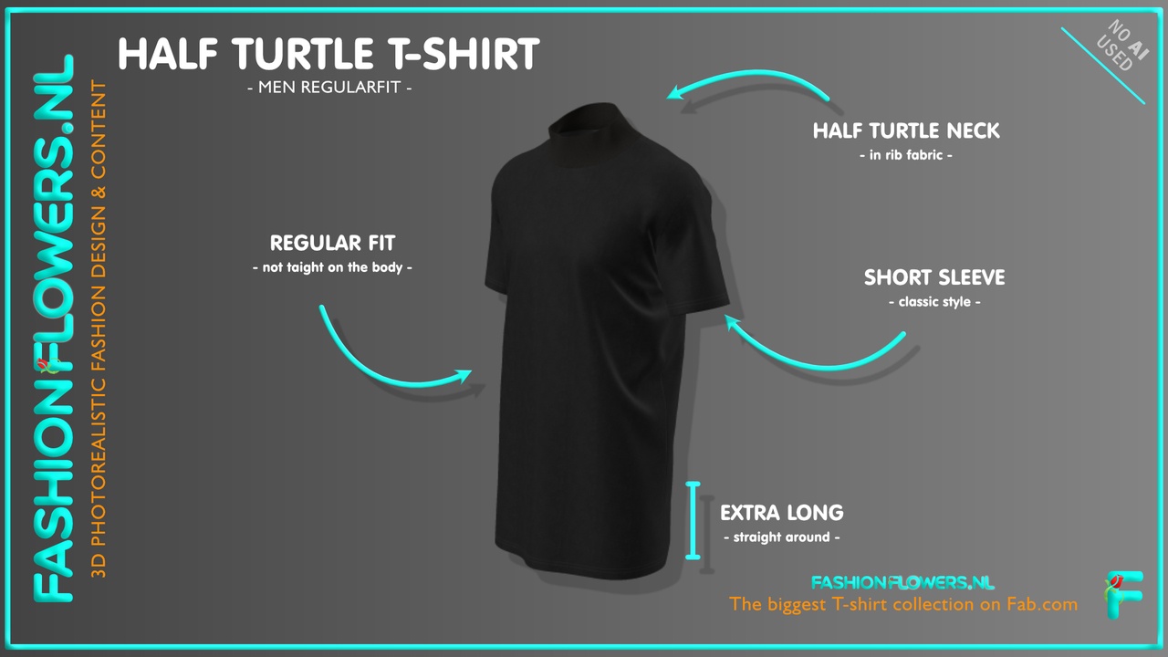 Media 1 for listing Black Colour Extra Long T-shirt | Half Turtle Neck | Short Sleeve | Straight Hem
