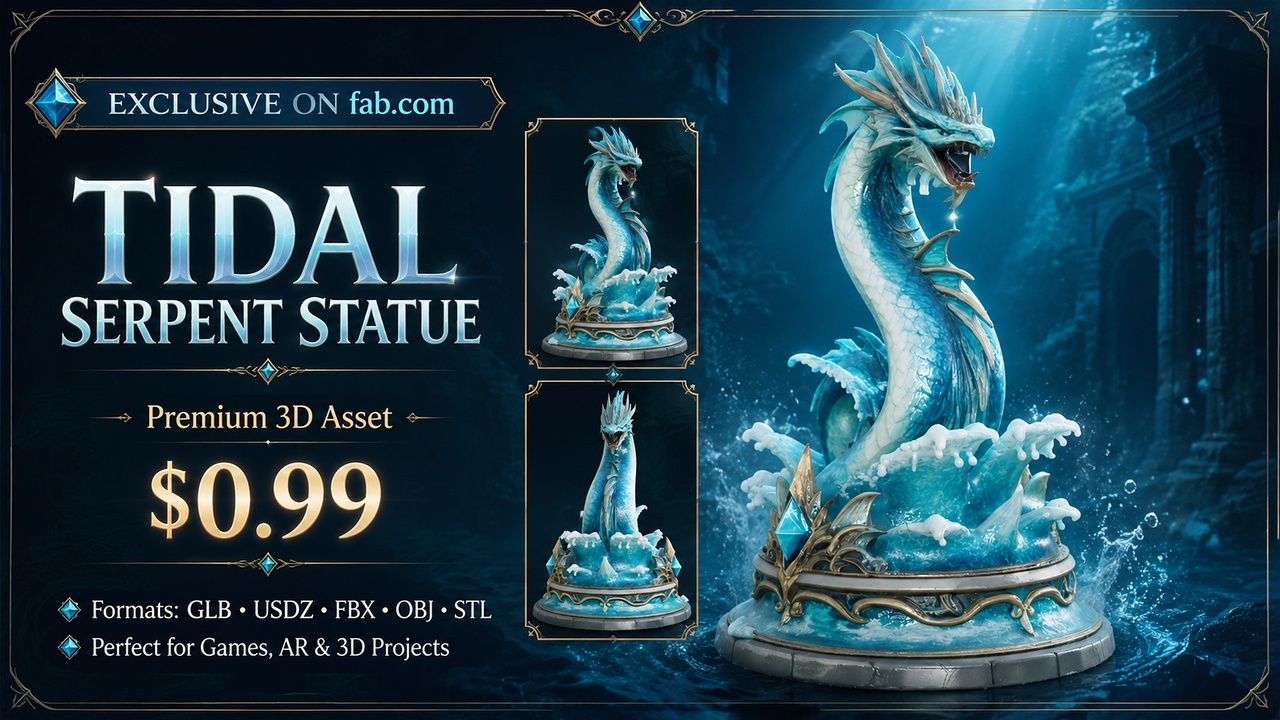 Media 1 for listing Tidal Serpent Statue | Premium Fantasy 3D Asset | AR Ready