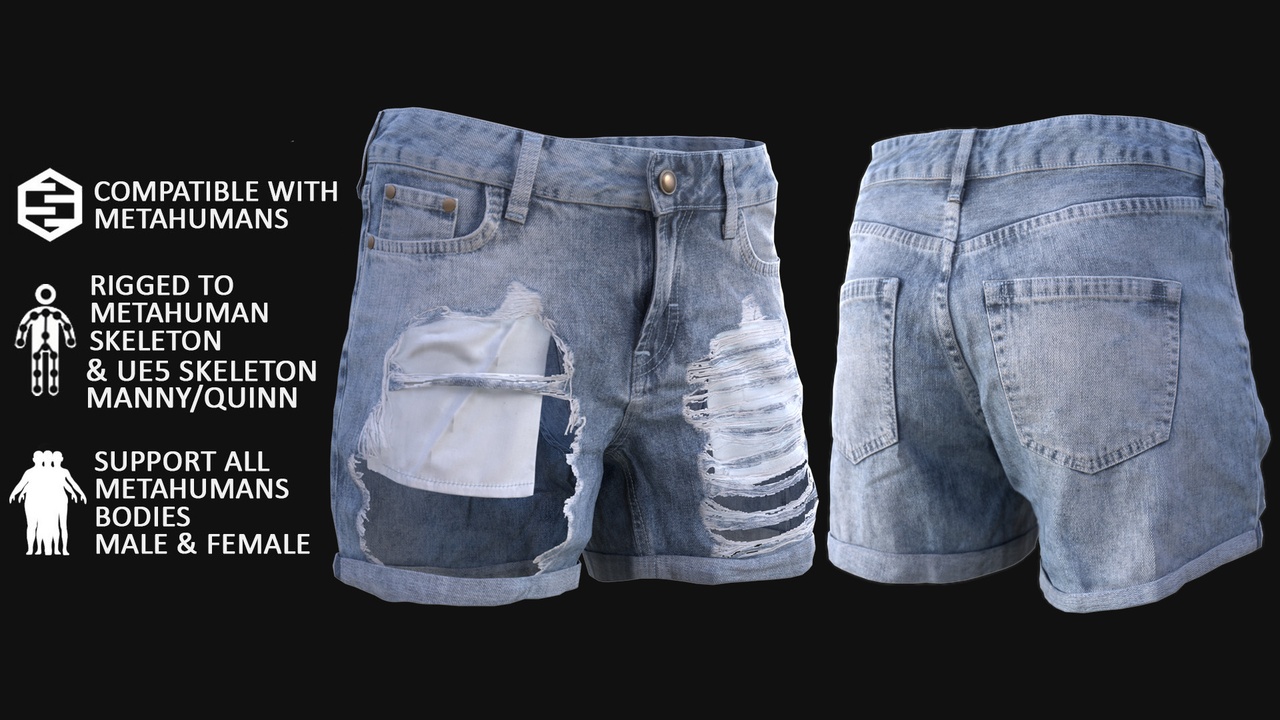 Media 1 for listing Denim Shorts Metahuman 3D model 83 - MH & UE5 Skeletons - Rigged