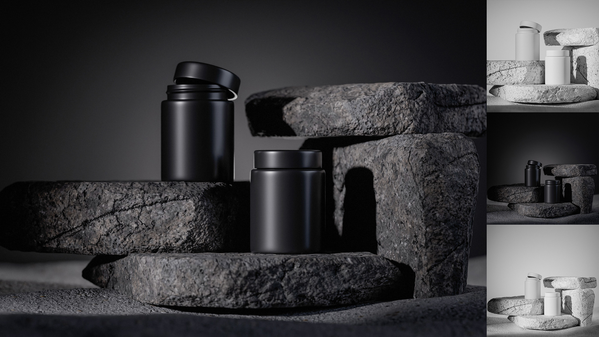 Two black containers on stone surface | Fab