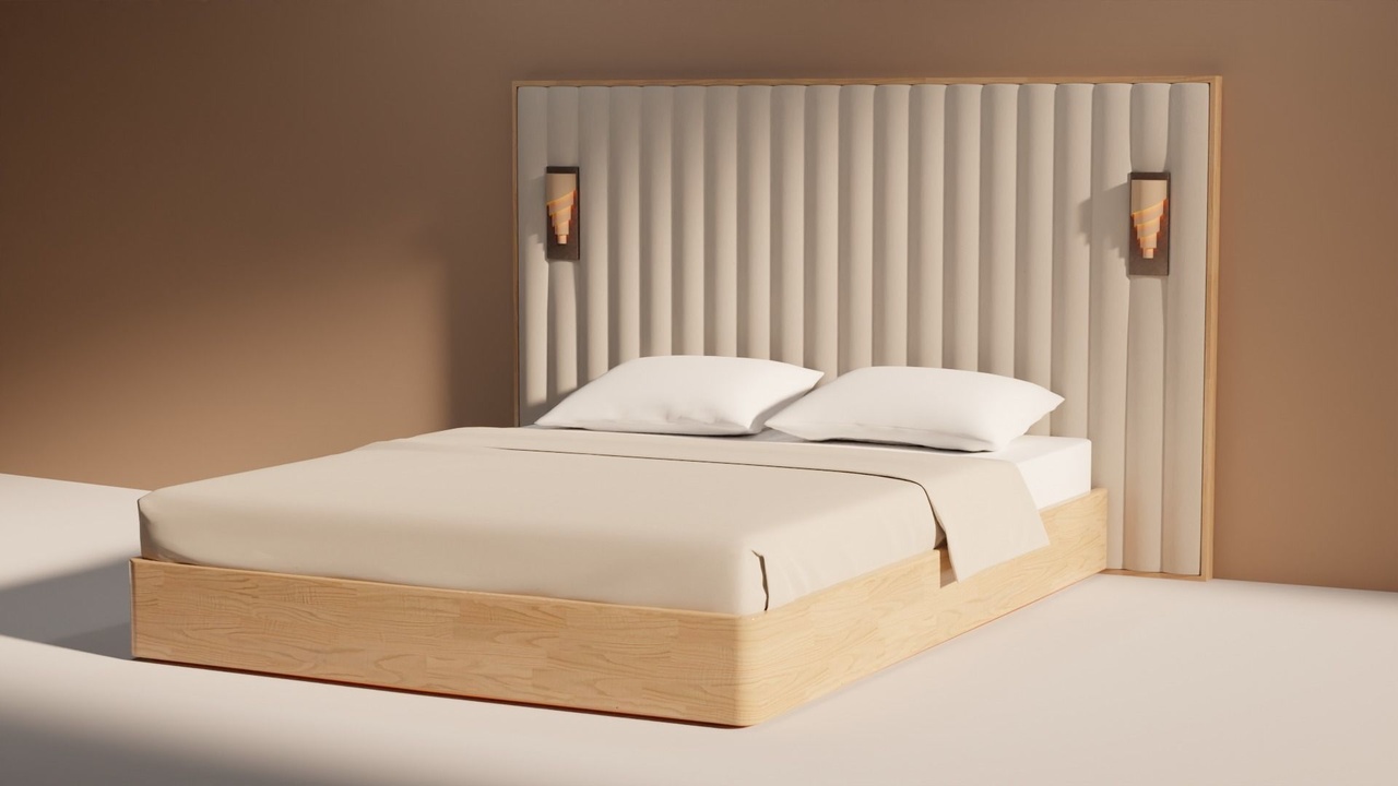 Media 1 for listing Modern Double Bed with Fluted Headboard & Lights (PBR ArchViz Model)