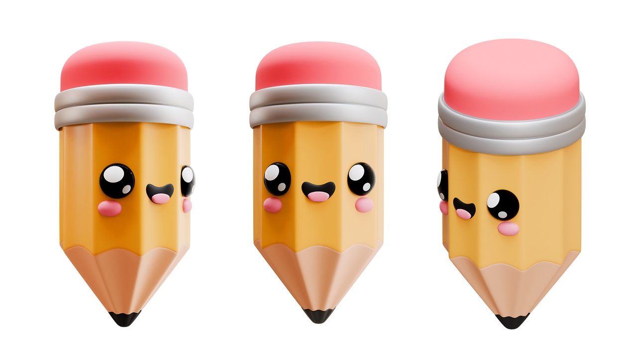 Media 1 for listing Cute 3D Kawaii Pencil Character with Happy Face and Eraser