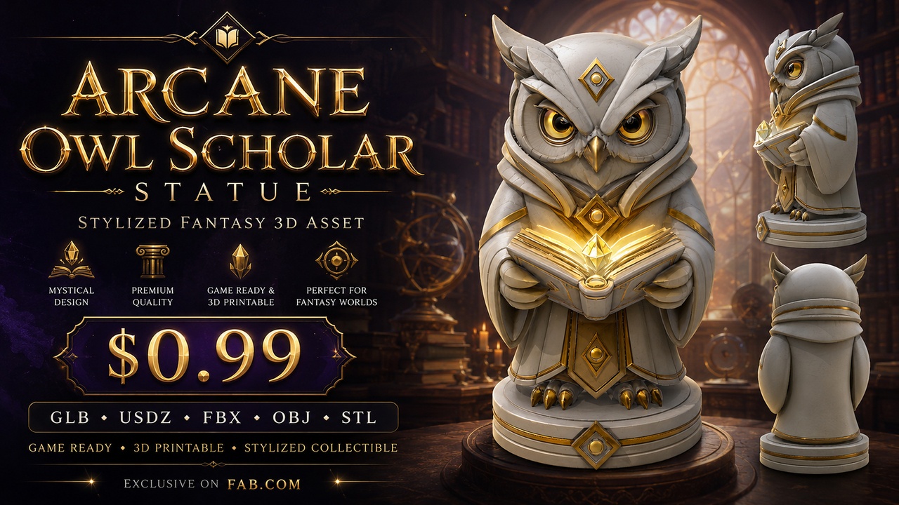 Media 1 for listing Arcane Owl Scholar Statue | Stylized Fantasy 3D Asset | Game Ready