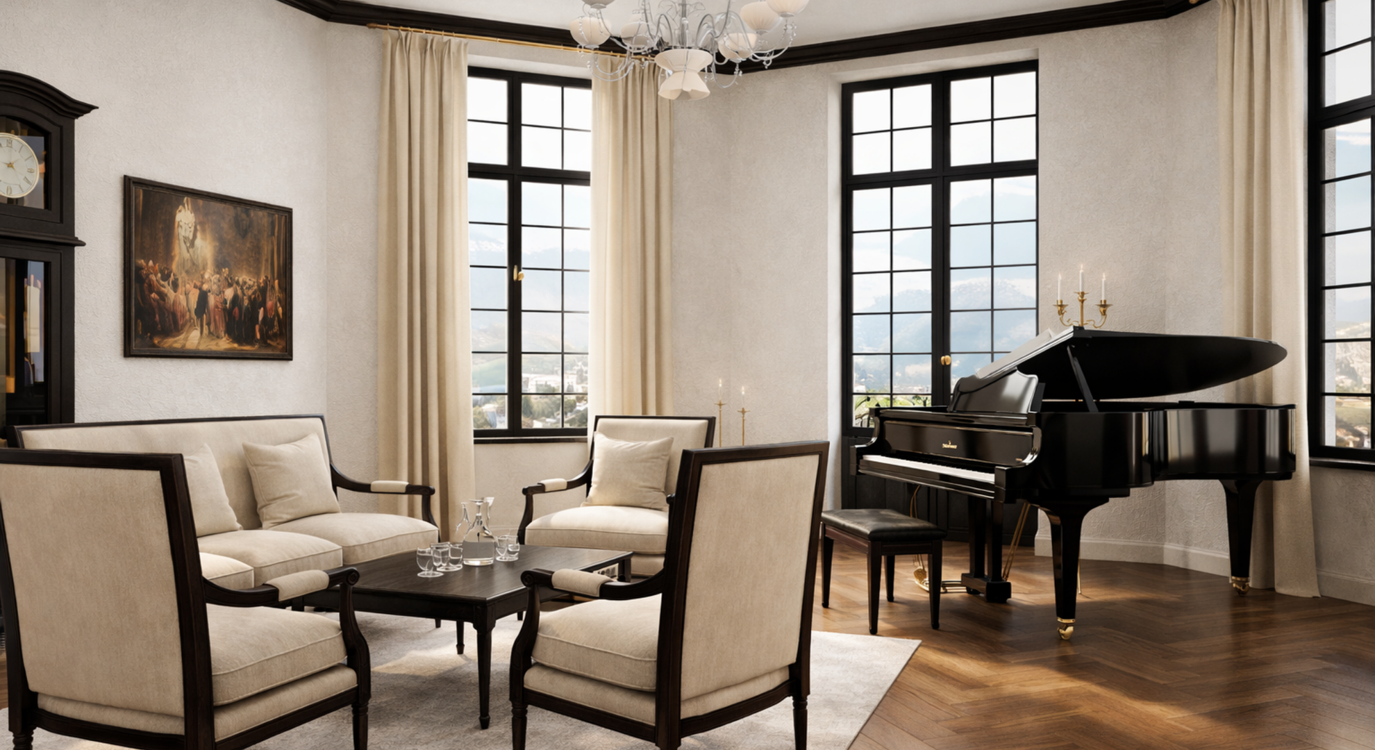 Classic Luxury Living Room Interior with Grand Piano – Realistic 3D ...