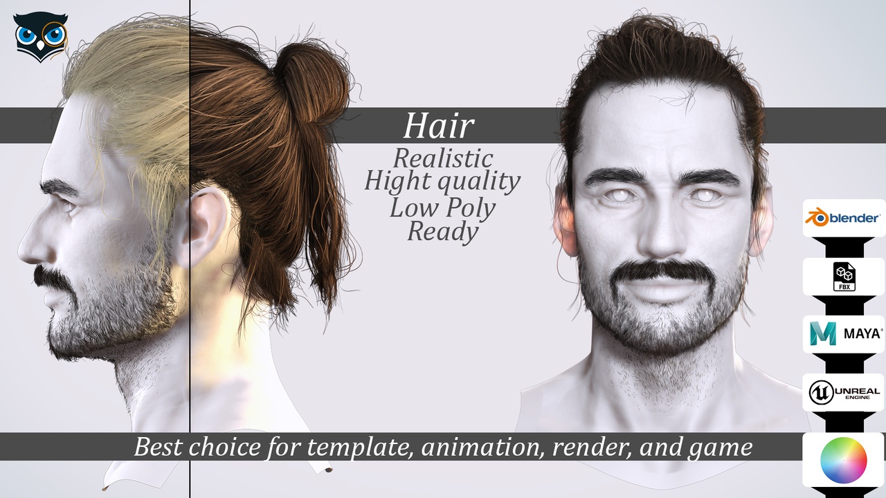 Media 1 for listing Stylish Male Bun Beard -Game-Ready Hair Asset