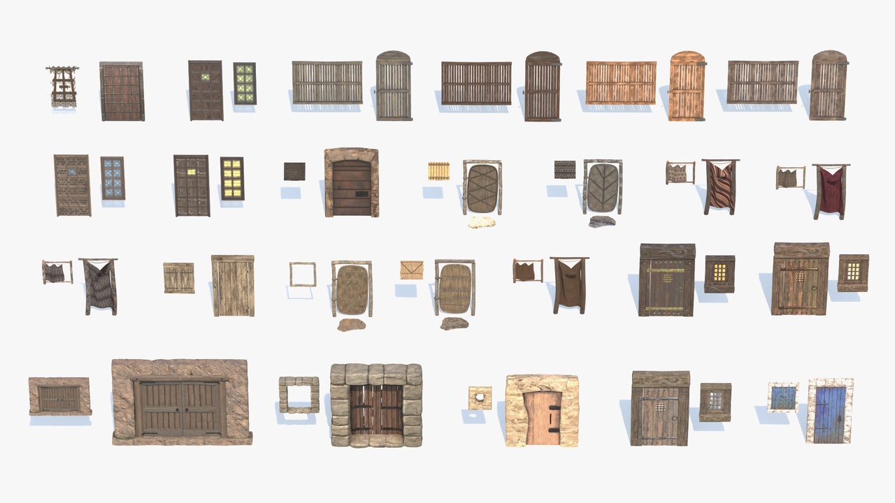 Media 1 for listing 50 Medieval Fantasy Doors & Windows Collection  - Game Asset | PBR | Low-poly |