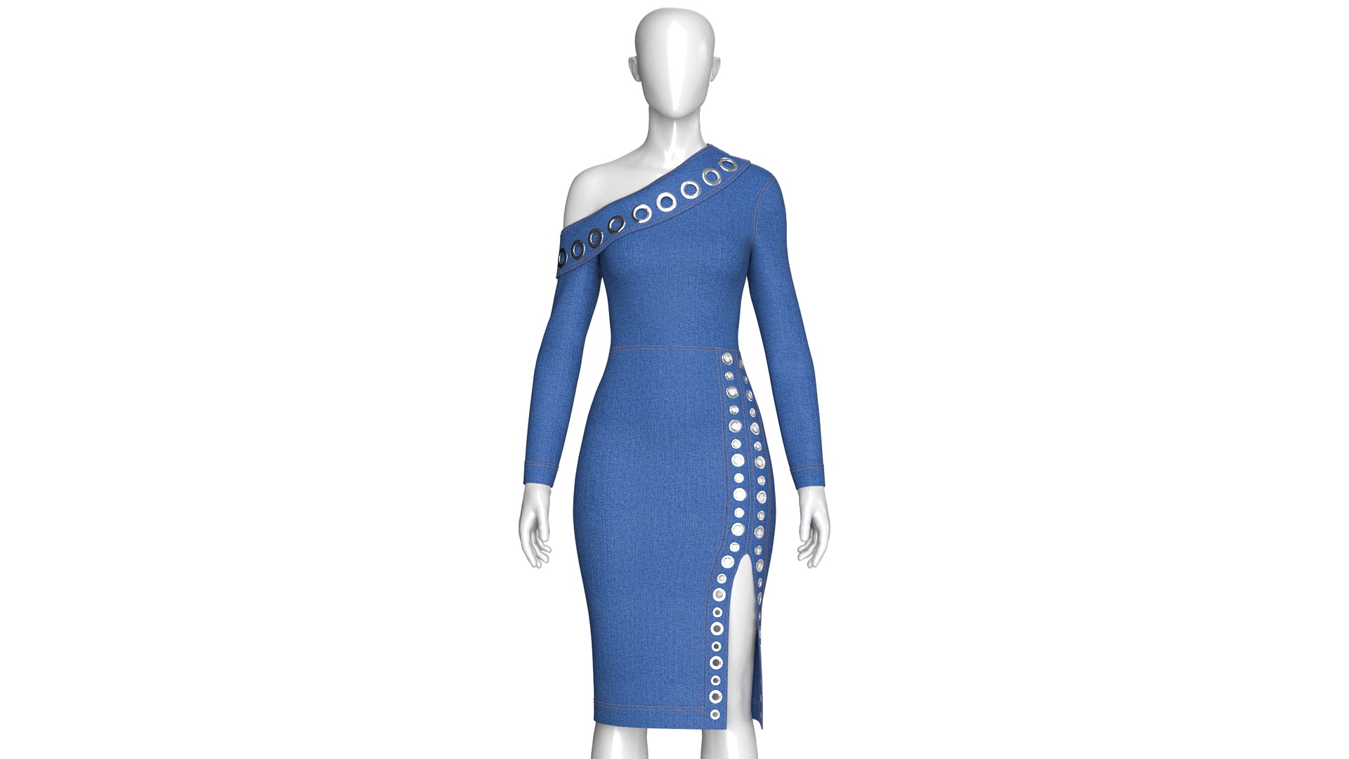 Media 1 for listing Girls Denim One - Shoulder Midi Dress With Eyelets | High Poly
