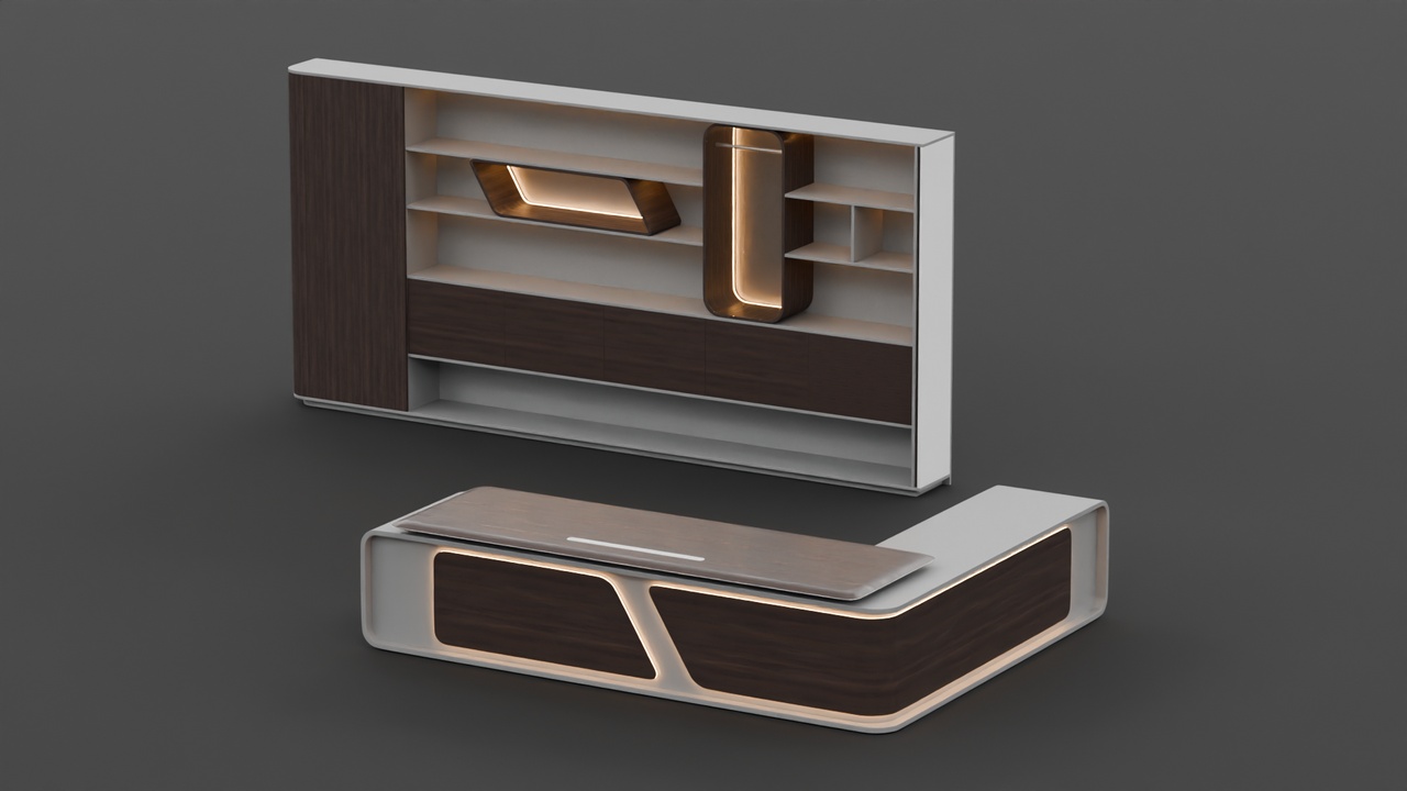 Media 1 for listing Futuristic L-Shaped Office Desk & Cabinet Suite
