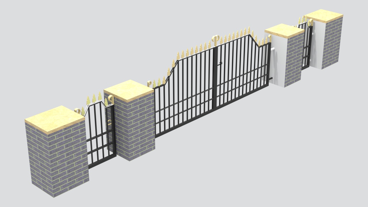 Media 1 for listing Wrought Iron Estate Gate with Brick Pillars and Gold Finials 3D Model