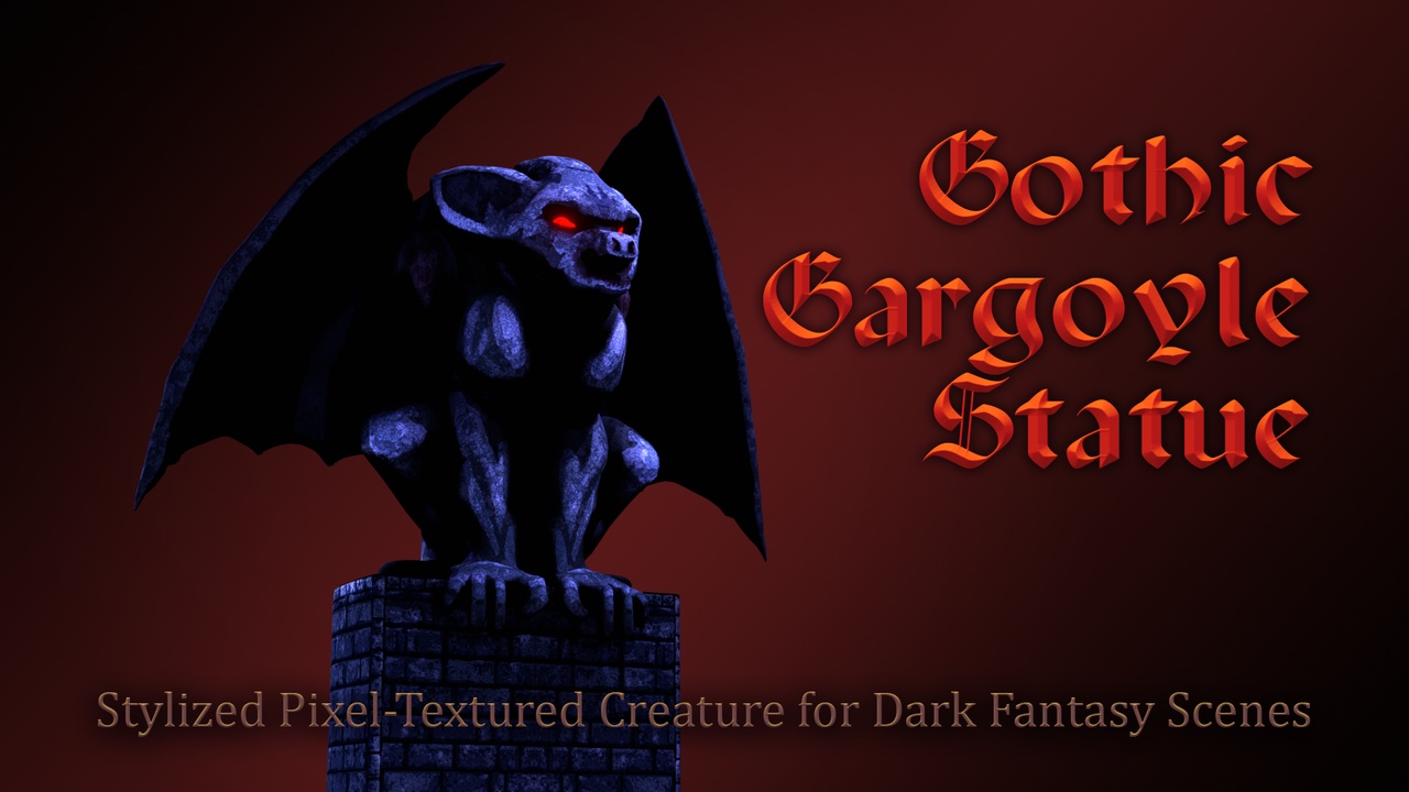 Media 1 for listing Gothic Gargoyle Statue, Stylized Pixel-Textured Creature for Dark Fantasy Scene