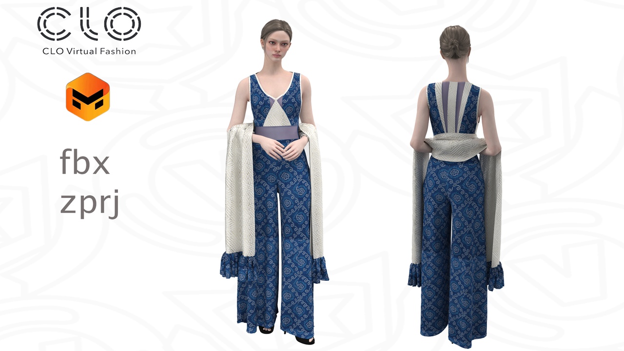 Media 1 for listing Indigo Royal Ensemble Outfit - CLO 3D / Marvelous Designer Project (.ZPRJ + FBX)