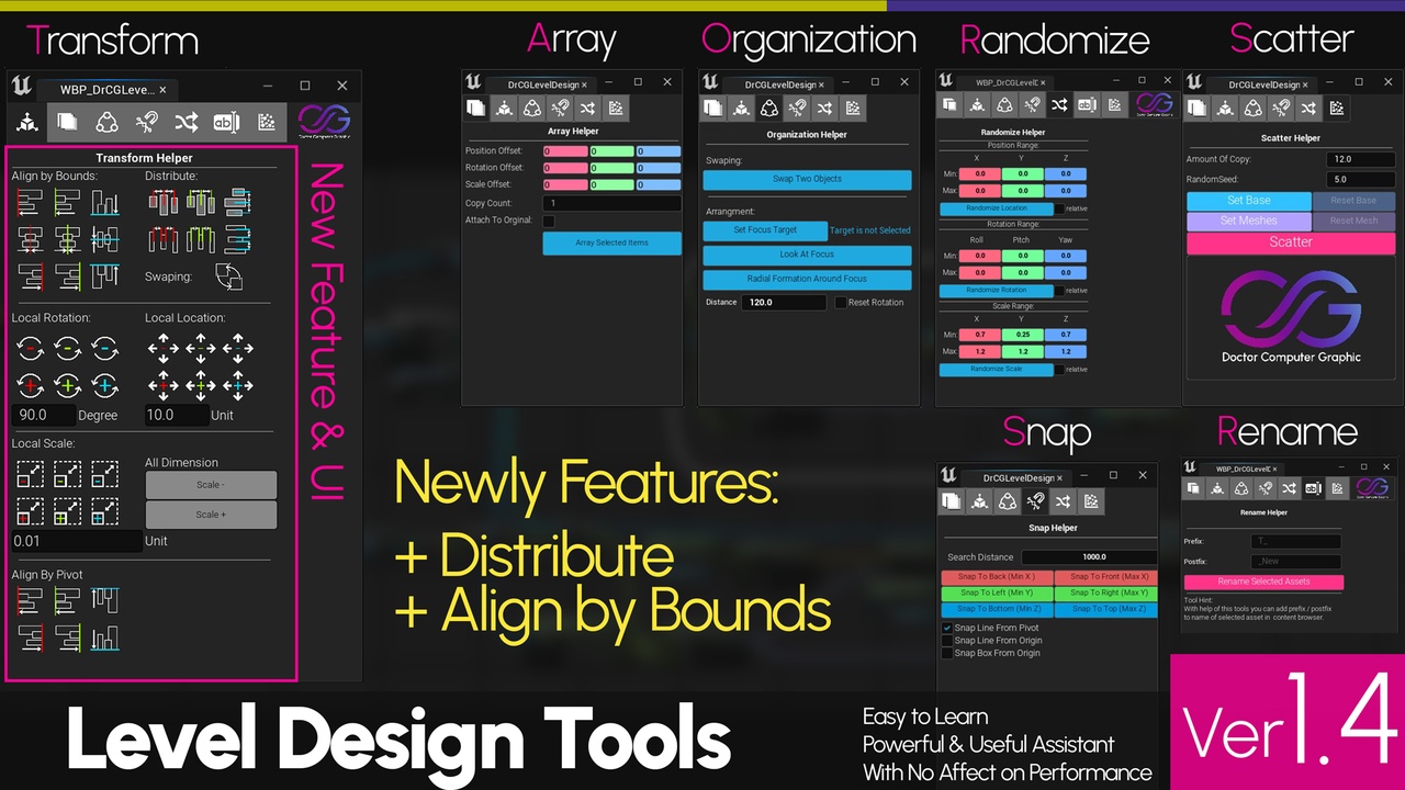 Media 1 for listing Level Design Tools - DrCG Assistant Helper Toolkit (Distribute, Align, Array)